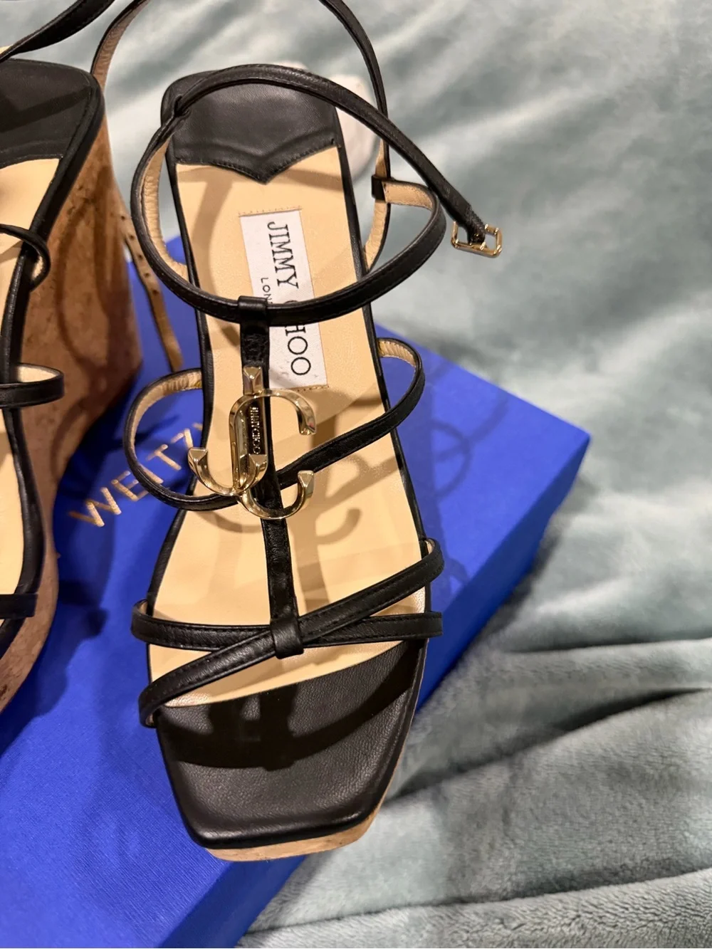 Jimmy Choo Black Leather Strappy Cork Wedge Sandals with Gold Logo
